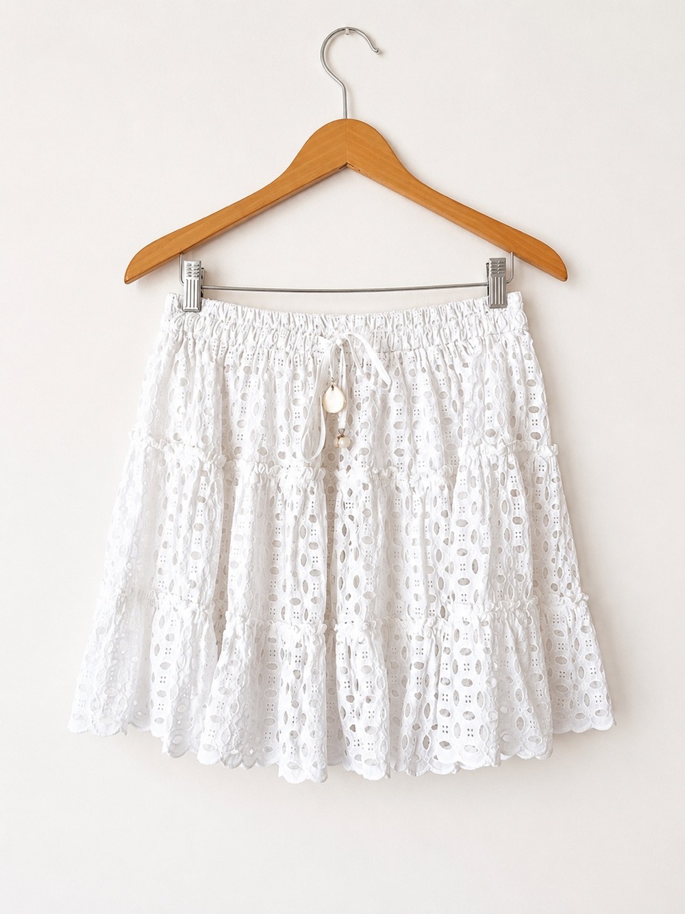 Zara White Eyelet Embroidered Tiered Mini Skirt Smocked Waist Size Small